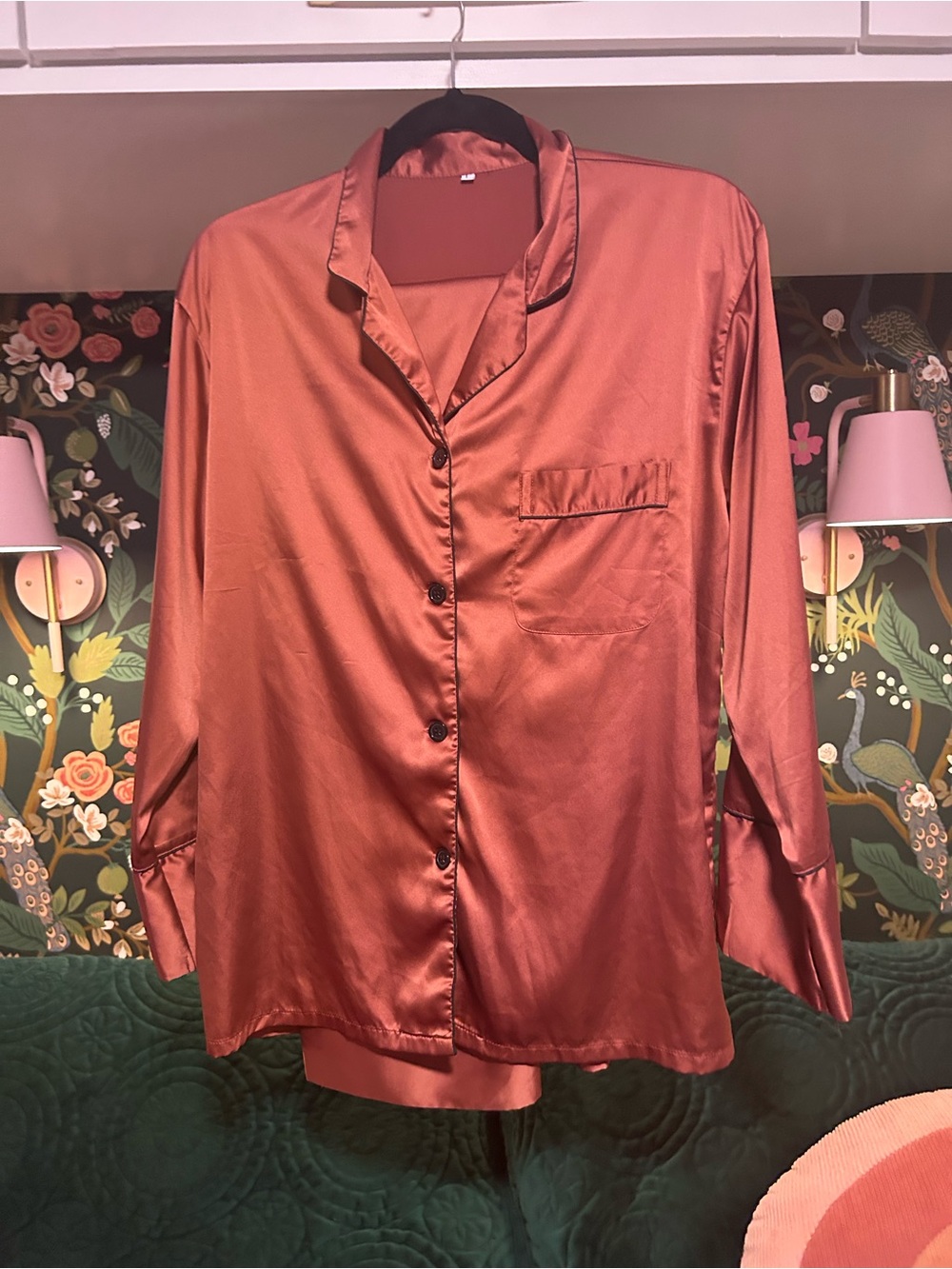 Satin Ankle Length Pajama Set Rust Long Sleeve Button Down Large
